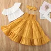 Sommer Baby Kinder Mädchen Top Qualität Outfits Off Schulter Einfarbig Rüschen Tank Top Lange Flare Kleid 3Pcs Set mode Neue Clothes1470627