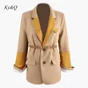 Ternos Mulheres Blazers Pista de Pista 2021 Primavera Mulheres Contraste Do Vintage Color Patchwork Khaki Pleated Waistband Slim Casaco Casual Luxo C