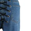 Mulheres jeans hip bandage rendas até cintura alta streetwear moda fiess calças vintage mulher outfits denim pant