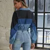 Zip Up Kırpılmış Denim Ceket Kadınlar Uzun Kollu Sonbahar Mont Kadın Turn-down Yaka Patchwork Kırpma Kot Ceketler Kadın Dış Giyim