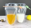 Disposable Clear Drink Pouches Väskor Frostat dragkedja Stående Plastic Juice Mjölk Kaffe Drinkväska med halm med hållare återförlängliga 100pcs