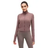 L-91 Jaqueta de corrida com zíper frontal Splice Casaco esportivo feminino Manga comprida Jaqueta para ioga Elastic Slim Top para ioga Camisa esportiva feminina