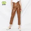 Goplus Pants Women Wysoka talia skórzana skórka proste spodnie Vintage czarne zielone brązowe spodnie Pantelones Femme Bombachos Mujer