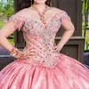Pink Sweet 16 Quinceanera Dresses Lace Applique Off Shoulder Pageant Dress Tiered Skirt Mexican Girls Birthday Gowns