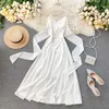 FTLZZ Kvinnor Backless Bohemian Klänning Sommar Sexig V-ringad Sashes Klänning Ärmlös Spaghetti Strap Strand Vit Vestido1