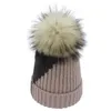 2020 новых женщин Pompom Шапочки Knit Hat Real Raccoon Fur помпонами шапочка Толстые Gorro Feminino Лоскутная Caps кашемира Bonnet Cap