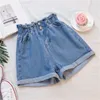 Taille haute femmes Denim Shorts grande taille filles Shorts élastique à volants femme jean court 2021 été solide doux dame bas 210306