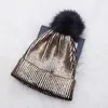 Metallisk glänsande mjukt hårboll Kvinnor Hattar virkning Vindtät tjej Pompom Solid Autumn Winter Söt mössa varm stickad Beanie5100683