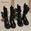 Stiefel 2021 Trendy Frauen Mid-Calf Echtes Leder Rindsleder Seitentaschen Plattform Schwarz Mittlere Booties Punk Street Younster1