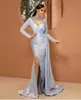 Light Blue Evening Dresses Satin Beaded High Split Long Sleeves Mermaid Prom Dress Custom Made Vestidos Formal Gowns6274417