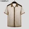 Mäns Casual Shirts Mesh Tröja Män Kortärmad Lapel Solid Färg Transparent Chic Party Stage Prestanda 2021 Camisas Hombre Incerun1