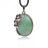 Vintage Egg Shaped Natural Stone Pendant Antique Silver Color Plated Pendants Necklaces Flower Charm Jewelry Women Men