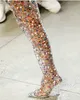 Abesire 2019 Stivali sopra il ginocchio da donna multi colore glitter quadrati con tacco alto da donna Scarpe a punta con cerniera laterale Scarpe da pista CX200821