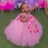 Pembe Balo Boncuklu Çiçek Kız Elbise Uzun İnce Boyun 3D Aplike Çocuklar Yarışması Abiye Tül Big Bow ilk komünyonu Elbise İçin Doğum Günü