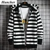 Huncher Mens Hooded Cardigan Sweater Men Coats 2020 Autumn Korean Slim Striped Knitted Cardigans Male Cold Blouse Sweaters