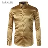 New Gold Silk Satin Shirt Men Chemise Homme 2020 Fashion Mens Slim Fit Long Sleeve Emulation Silk Button Down Dress Shirt Red