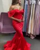 2021 Long Off Shoulder Red Prom Dresses Mermaid Corset Back Custom Made V-Neck Formell Party Dresses Robe Soiree Femme