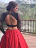 New Red Evening Gown A-Line Two Piece Prom Dress with Pockets Round Neck Open Back Black Lace Long Sleeves Prom Dresses Long223C