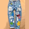 Women's Jeans Women Pants Fashion Female Flower Print Casual Hole Lady Full Length Trousers 2021