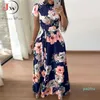 Venda Quente Mulheres Verão Maxi Vestido 2019 Casual Manga Curta Boho Floral Imprimir Vestido Longo Turtleneck Bandagem Elegante Party Vestidos