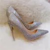 2020 Mode d'été Femmes Pompes Silver Glitter Point Toe Bride Mariage Chaussures Haute Talons Véritable Cuir Véritable Photo réelle 12cm 10cm Tout neuf