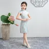 الصيف الصيفي زهرة طباعة الحرير Qipao Kids Baby Girls التقليدية الأميرة اللباس Cheongsam الأكمام القصيرة الرجعية Vestido236m