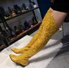 증권 레이디에서 새로운 플랫 여성 노란색 파이썬 뱀 가죽 롱 부츠 패션을 통해 무릎 허벅지 높은 부츠 100 % 실제 사진