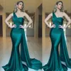 Billiga Sexiga Dark Hunter Green Mermaid Prom Klänningar Peats One Shoulder Satin Formell Party Celebrity Gowns for Women Occers Evening Wear