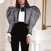 여성용 재킷 vgh 캐주얼 체크 무늬 여성 코트 o 목 퍼프 긴 소매 튜닉 ruched 히트 컬러 슬림 짧은 여성 패션 2021 의류