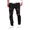 2021 Herrvita mager jeans - Rippad nödställd stretch denim casual hiphop mode byxor