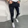 Trendiga män mager jeans cyklist förstörde frayed fit denim rippade denim byxor sidor rand blyerts byxor hip hop streetwear246o