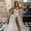 Sexy High Split Wedding Dresses 2021 Bohemian Appliqued Lace Ruched Tulle A Line Bridal Gowns Sweep Train Beach Boho Robes De Mariée AL7152