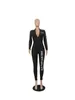 Best Sell Front Zipper Jumpsuit Mulheres Carta Imprimir Manga Longa Bodysuit Comprimento Completo Skinny Romper Mulheres Jumpsuit Playsuit 6132