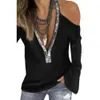 T-shirt da donna sexy con paillettes scollo a V spalla fredda manica lunga donna tinta unita top Plus Size Decor donna