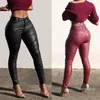 Hot Sale-Sexy Women Ladies Leather Skinny Mid Midist Leggings Stretchy Pencil Byxor Solid PU Läder Lång byxa Byxor