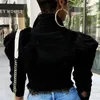 Kadınlar Kot ceketler High Street Vintage Kırpılmış Kısa Jean Ceket Casual Puff Kol İnce Jeans ceket Ripped