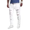 2021 Herrvita mager jeans - Rippad nödställd stretch denim casual hiphop mode byxor