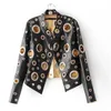 ヨーロッパとアメリカのファッションスタンド襟PUジャケットコートルーズブライトオープンワークメタルリングデコレーションPUジャケットコートブラックXL