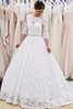 Koronkowe sukienki Pełne 2021 3/4 długie rękawy Crytal z koralikami Talia Niestandardowa wykonana plus rozmiar otwarty ślubna suknia ślubna Vestido de novia