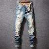 Män rippade vintage blå slim passform raka jeans byxor hip hop streetwear mode förstörda hål denim byxor plus storlek 40