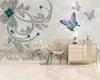 Carta da parati 3D per pareti Carta da parati murale decorativa 3d con fiori di cristallo europei di lusso, farfalle, gioielli, TV, sfondo