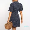 Varm försäljning polka dot klänning kvinnor sommar boho strand mini klänning avslappnad kortärmad damer kontor elegant klänning vestido mujer kvinna kläder