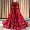 Red Lace Appliques Muslim Wedding Dresses 2021 Jewel Neck Long Sleeves A Line Bridal Gowns Zipper Back Covered Buttons Vestidos