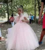 라이트 핑크 여자 미인 드레스 레이스와 튀어 나온 투투 스커트 바닥 길이 첫 번째 Cummunion 드레스 사용자 정의 만든