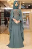 2021 Dubai Muslim Evening Dresses with Cape Long Sleeves Gold Lace Applique Beaded Sweep Train Custom Made Formal Prom Party Gowns