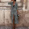 Dames Boho Lange Maxi Jurk Dames Party Leopard Jurken Zomer Strand Sundress Herfst Lange Mouw Diepe V-hals High Split Jurk