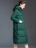 최고 품질의 여성 겨울 활주로 다운 코트 후드가있는 칼라 긴 슬리브 전면 포켓 흰 오리 다운 패션 캐주얼 긴 외부웨어웨어 오버 코트