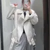Women's Leather & Faux Ly Varey Lin Women Beige Fur Lamb Jacket Coat With Belt Turn Down Collar Winter Thick Warm Zipper Oversized