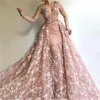 Plus Size Pink V Neck Lace Mermaid Evening Dresses Long Sleeves Applique Prom Gowns With Detachable Train Formal Dresses Evening W6788470