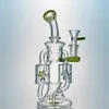 10-Zoll-Höhe Doppelraucher-Wasserpfeife Dab Rigs Spin Propeller Perc Blau Grün Lila Berauschende Glasbong-Ölplattform mit 14-mm-Schüssel-Recycler